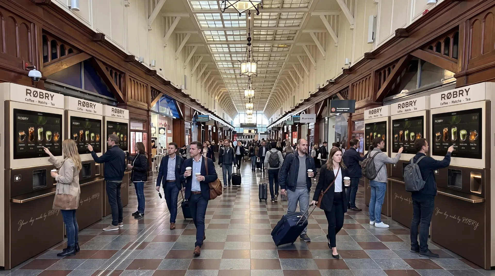 RØBRY coffee and matcha kiosks in a busy train station concourse